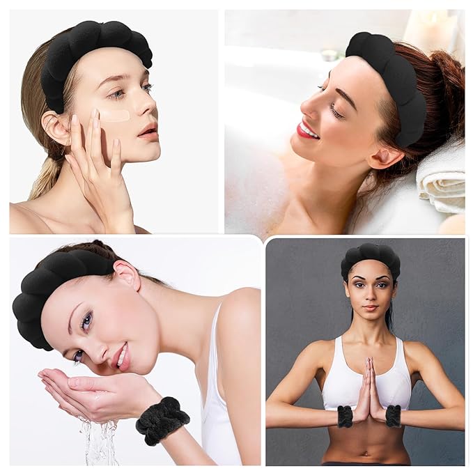 Zkptops Spa Headband for Washing Face Wristband Sponge Makeup Skincare Headband Terry Cloth Bubble Soft Get Ready Hairband for Women Girl Puffy Padded Headwear Non Slip Thick Hair Accessory(Black)
