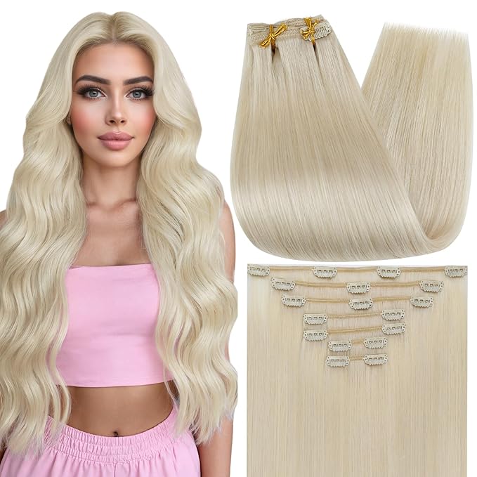 Full Shine Clip in Hair Extensions White Blonde 22 Inch Clip in Extensions for Women Remy Hair Extensions Clip ins Blonde Natural Human Hair 7 Pcs 120 G