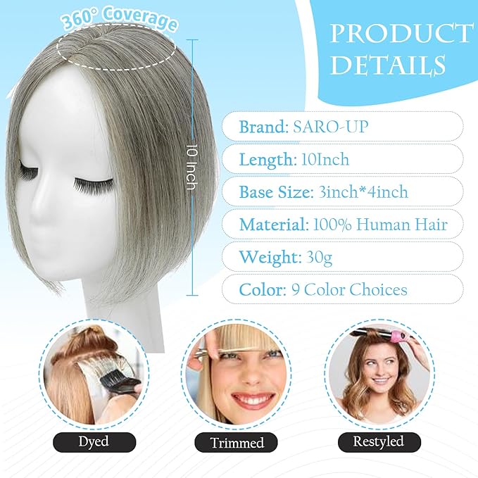 SARO-UP Hair Toppers for Women Real Human Hair Toppers for Women with Thinning Hair pieces with No Bangs 3 * 4Inch Hand-Tied Invisible Upgrade Swiss Base 10Inch Topper (Mixed Light Grey)