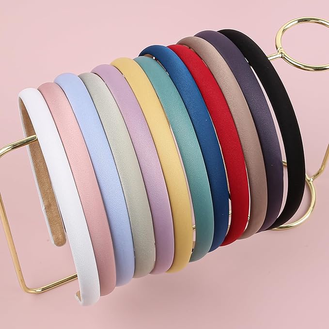 XIMA Solid Fabric Headbands for Women and Girls, 10mm Soft Satin Thin Non-Slip Hairbands, Set of 12