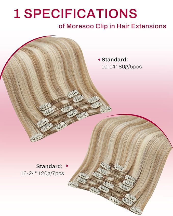 Moresoo Blonde Hair Extensions Clip in Human Hair Remy Short Clip in Human Hair Extensions Medium Brown with Blonde Double Weft 5pcs 80g 10inch