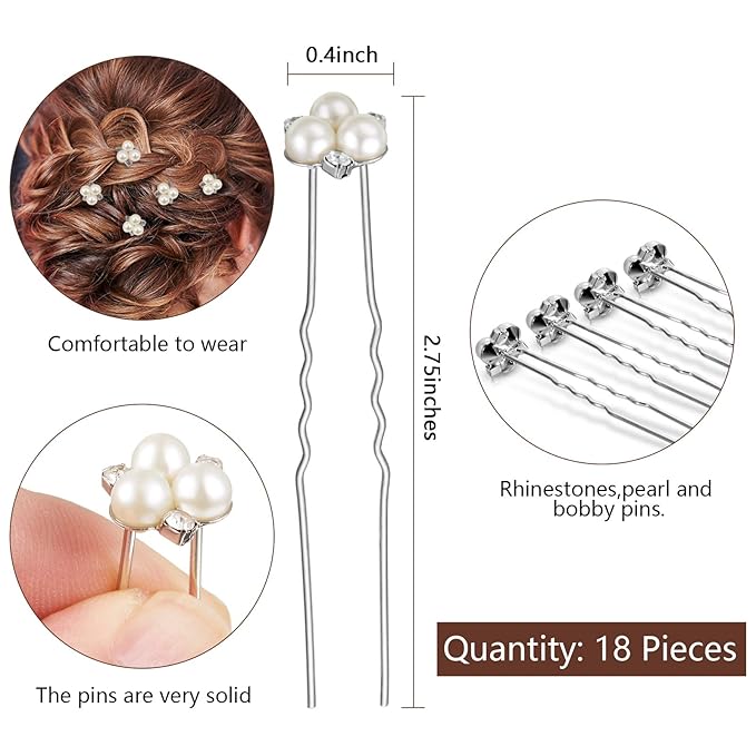 WILLBOND 18 Pcs Pearl Hair Pins Bridal Wedding Hair Accessories Crystal Bobby Pin for Brides Bridesmaids Flower Women Girls(Silver)