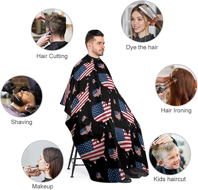 Extra Long Hair Cutting Salon Cape, Haircut Apron USA Map Patriotic Black American Flag Hair Cutting Cloak for Hair Dye