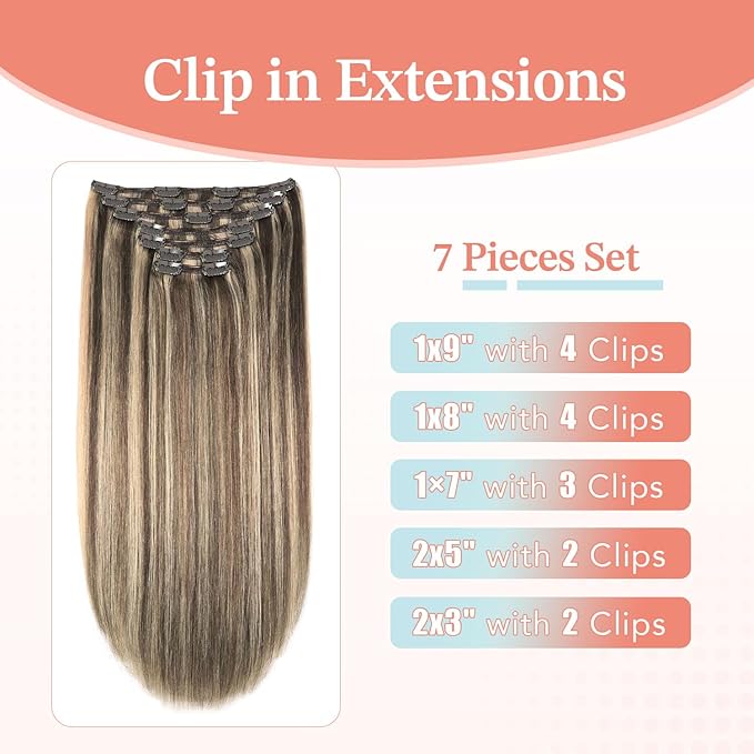 XDhair Hair Extensions Clip in Human Hair,7pcs Chocolate Brown to Caramel Blond Clip in Hair Extensions for Women 16 Inch 140g #4p27