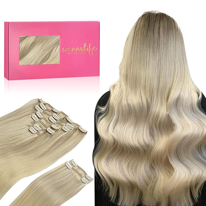 WENNALIFE Clip in Hair Extensions, 150g 18 Inch 9pcs Ash Blonde to Golden Blonde and Platinum Blonde Human Hair Extensions Thicker Clip in Hair Extensions Real Human Hair Clip Set Double Weft