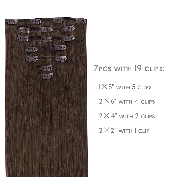 WENNALIFE Clip in Hair Extensions Real Human Hair, 22 Inch 120g 7pcs Chocolate Brown Hair Extensions Clip in Human Hair Remy Clip in Hair Extensions Real Human Hair Double Weft