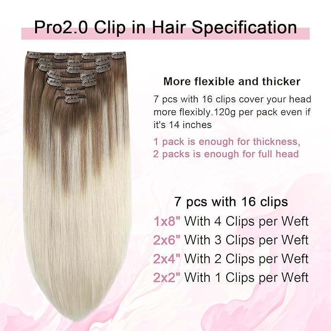 Pro2.0 Clip in Hair Extensions Real Human Hair 20inch 7pcs Color #8/60 Ash Brown to Platinum Blonde Remy Real Human Hair Extensions Clip ins 120g Thick Double Weft（#8/60-20inch）