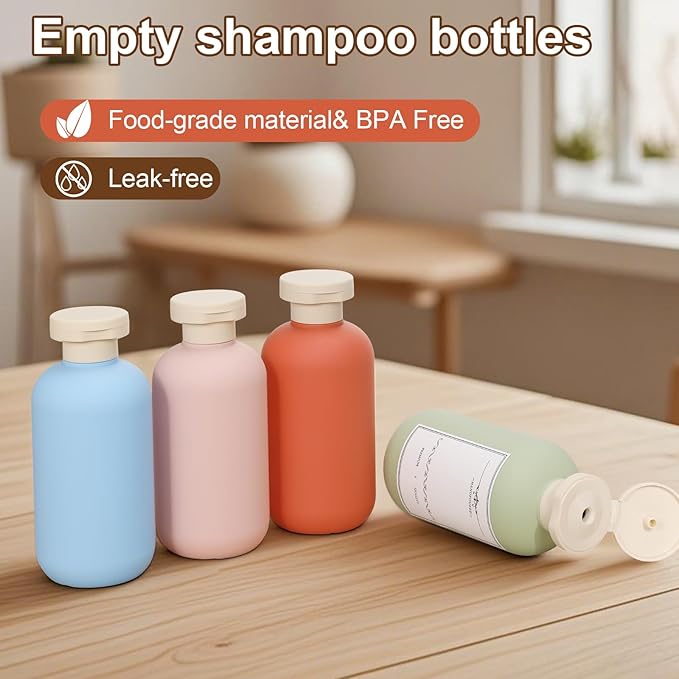 ASEVAT 6.7oz Plastic Refillable Travel Shampoo Bottles, 4 Pack, Leak Proof, Reusable, Orange/Pink/Green/Blue, Travel Size, Shampoo and Conditioner Dispenser