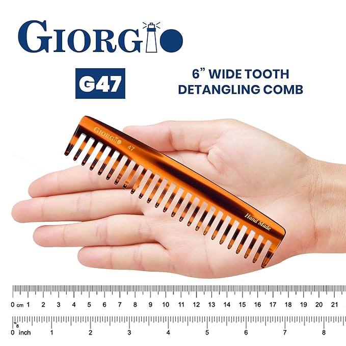 Giorgio G47 Wide Tooth Detangling Hair Comb for Thick Curly Wavy Hair. Long Detangler Comb For Wet and Dry Hair. Handmade, Extra Wide Tooth Comb Saw-Cut, Hand Polished