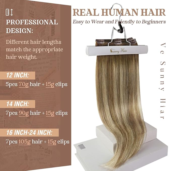 Ve Sunny Balayage Clip in Hair Extensions Human Hair Clip in Extensions Brown Clip in Human Hair Extensions Chestnut Brown with Platinum Blonde Hair Extensions for Holiday Party 120g 7pcs 24inch