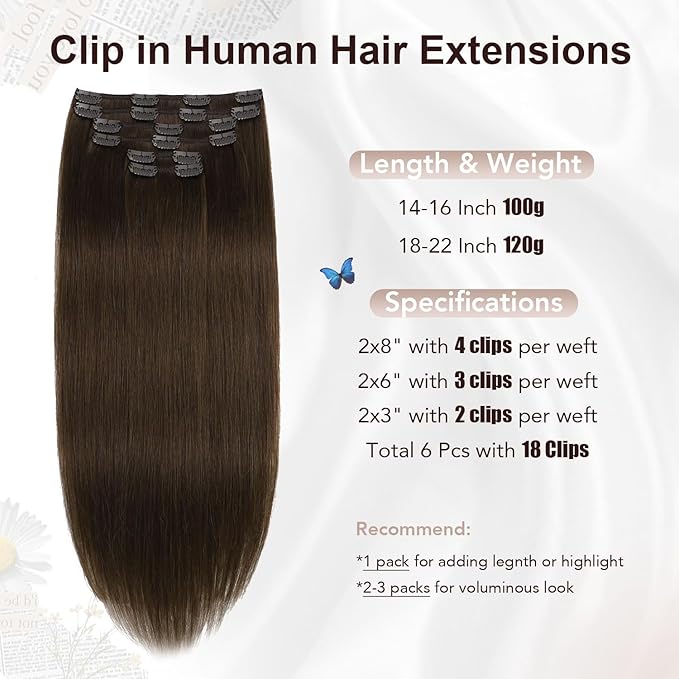 XDhair Clip in Hair Extensions 120G 6pcs Medium Brown Clip in Hair Extensions Real Human Hair Double Weft for Women #4 20 Inch