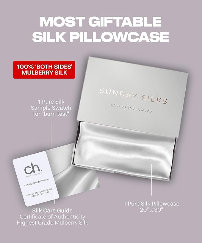 SUNDAYSILKS™ Premium Silk Pillow Cases | 100% Mulberry Silk Pillowcase with Zipper, All Sides Real 22 Momme Grade 6A Silk, Standard Queen, King Size [Pure White]