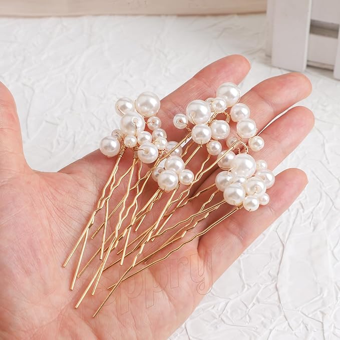 U Shaped Pearl Wedding Hair Pins for Bridal Women, Set of 9 (Gold)