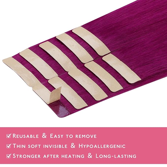 WENNALIFE Tape in Hair Extensions Human Hair Violet Tape in Extensions, 10pcs 30g 24 inch Remy Invisible Tape Ins Straight Colored Soft Real Human Hair Tape in Extensions Refill Set Extensions