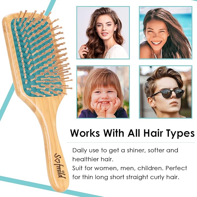 Sofmild Hair Brush-Natural Wooden Bamboo Brush Detangle Paddle Hairbrush for Women Men and Kids Massage Scalp Increase Hair Growth