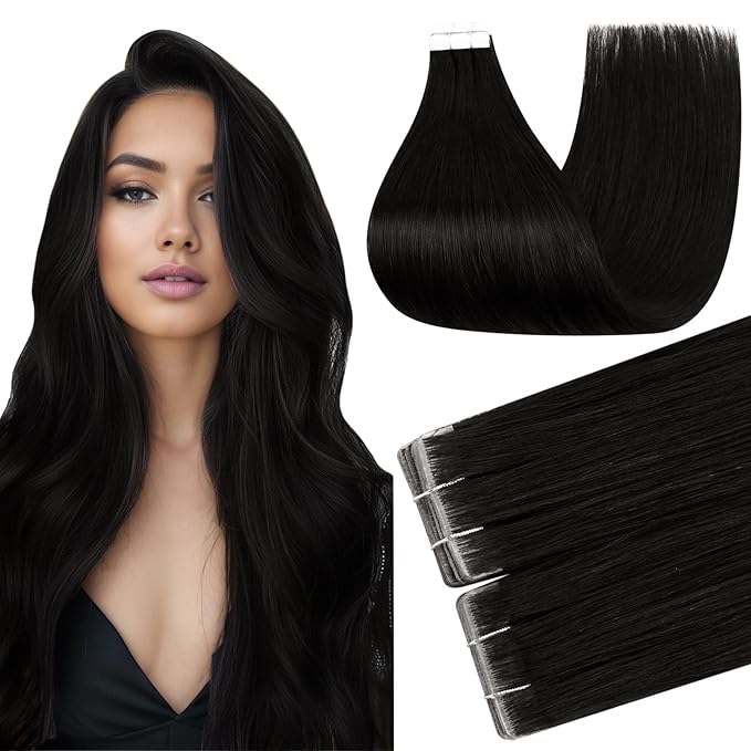 Full Shine Black Injected Tape in Extensions Real Human Hair Color 1B Off Black Invisible Remy Tape in Hair Extensions Human Hair Cuticles Aligned Seamless Short Straight Skin Weft 14Inch 40G 20Pcs