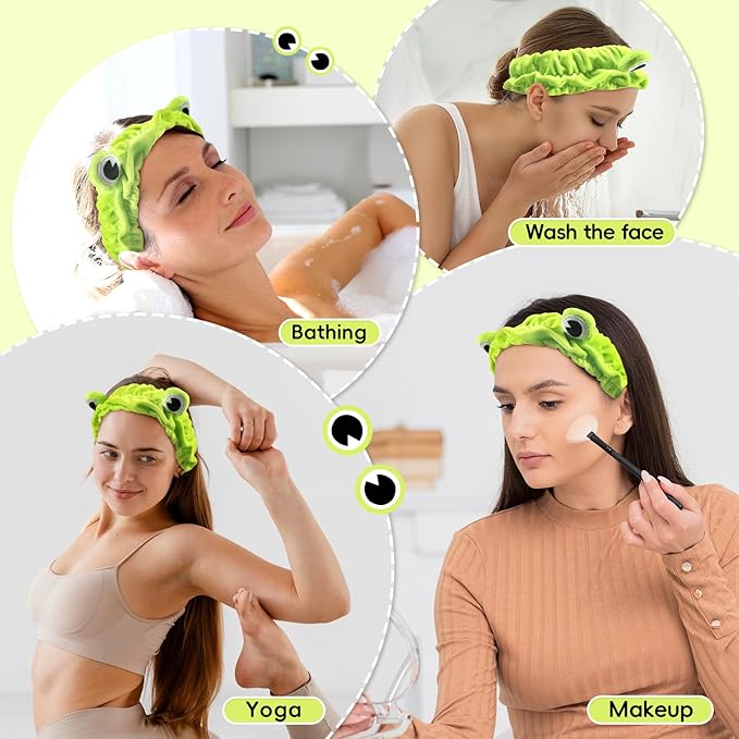 Face Wash Headband, Skincare Headband Wrist Bands For Washing Face Set Spa Hair Bands come with a Hair Scrunchie Cute Green Frog Elastic for Makeup Girls Women