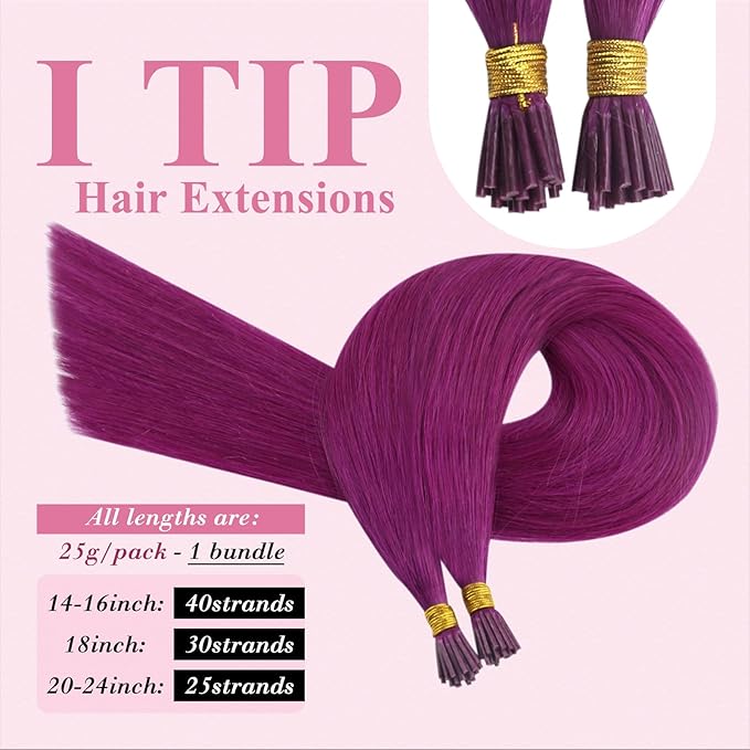 YoungSee I Tip Hair Extensions Human Hair 20 inch Purple Itip Hair Extensions Real Human Hair Purple Pre Bonded Itips Extension Remy-Hair Cold Fusion 25s 25g for Parties and Celebrations