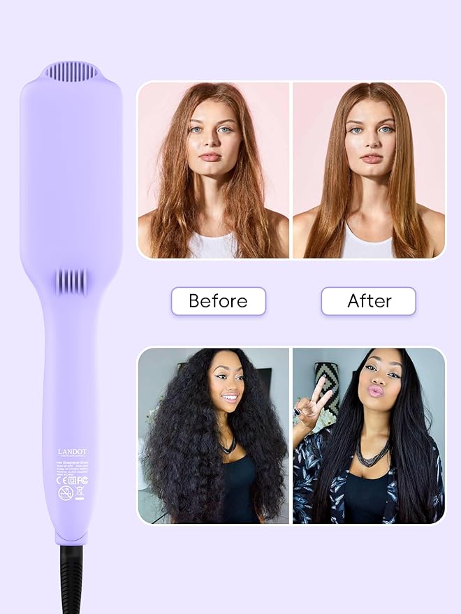 LANDOT Hair Straightener Brush for Damaged Hair - Keratin & Argan Oil Coated Bristles, Ionic Ceramic Straightening Brush to Reduce Frizz & Nourish Hair, Dual Voltage, 12 Temp 250-450F, Purple