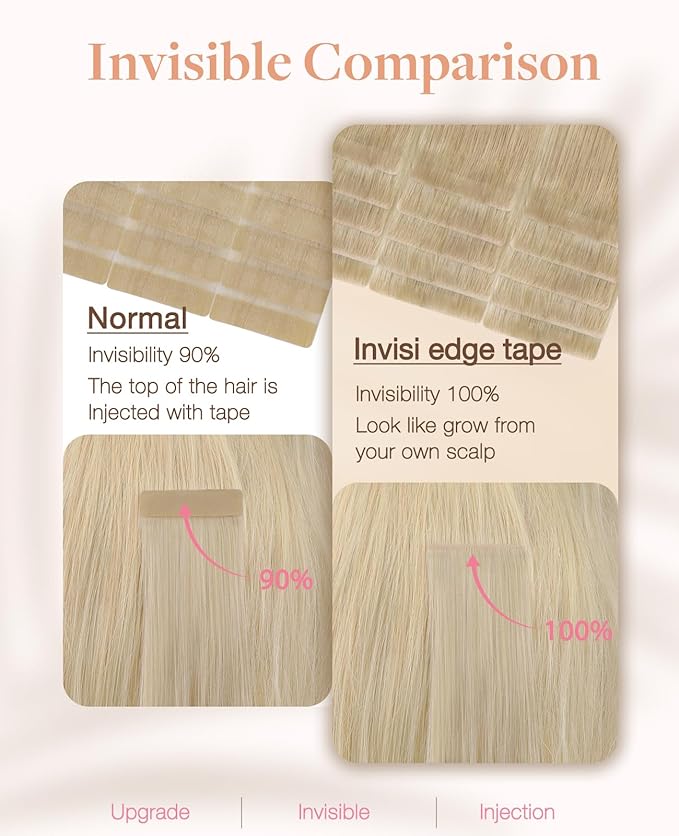 GOO GOO Invisi Edge Tape in Hair Extensions Human Hair, 18ET90A Natural Blonde Balayage 20pcs injected with 20pcs classical tape ins, 20inch 100g, Virgin Remy Hair, Natural Look