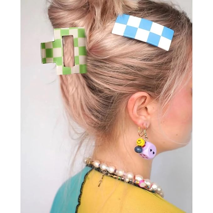 4 PCS Checkered Hair Clips (1.9 x 1.9 x 1.4 inches) for Thin or Thick Hair - Y2K Colors - Nonslip Hair Claw Clips for Women - Hair Clips Gift Set for Adult Women