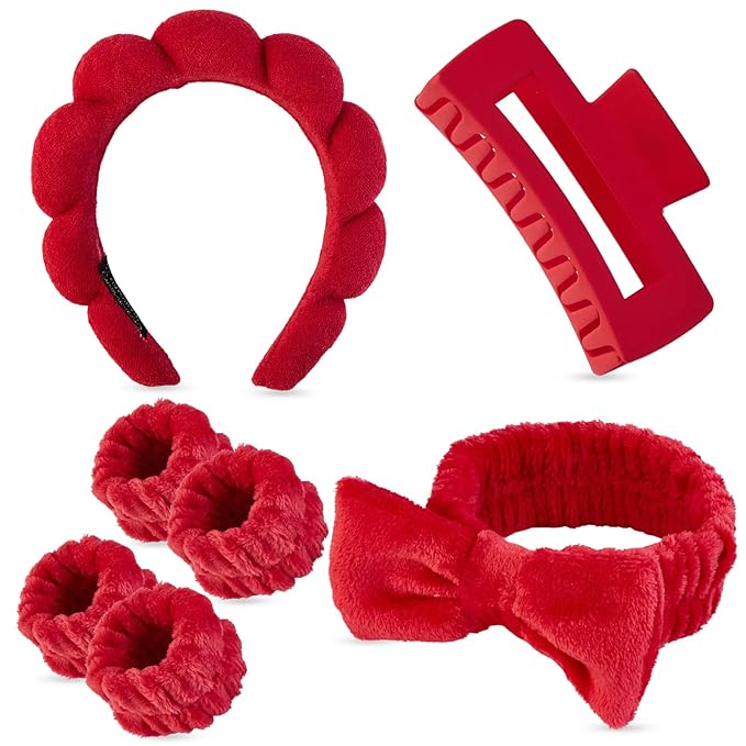 7 Pcs Spa Set, Facial Headband and Wristband Set, Skincare Accessories, College Style Girl Idea Gifts, Hair Accessories for Women and Girls（Red）