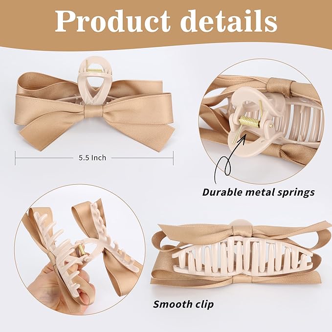 FAELBATY Women's Bow Hair Accessories - Silky Satin Clips with Knots for Thin to Thick Curly Hair, 4 Pcs