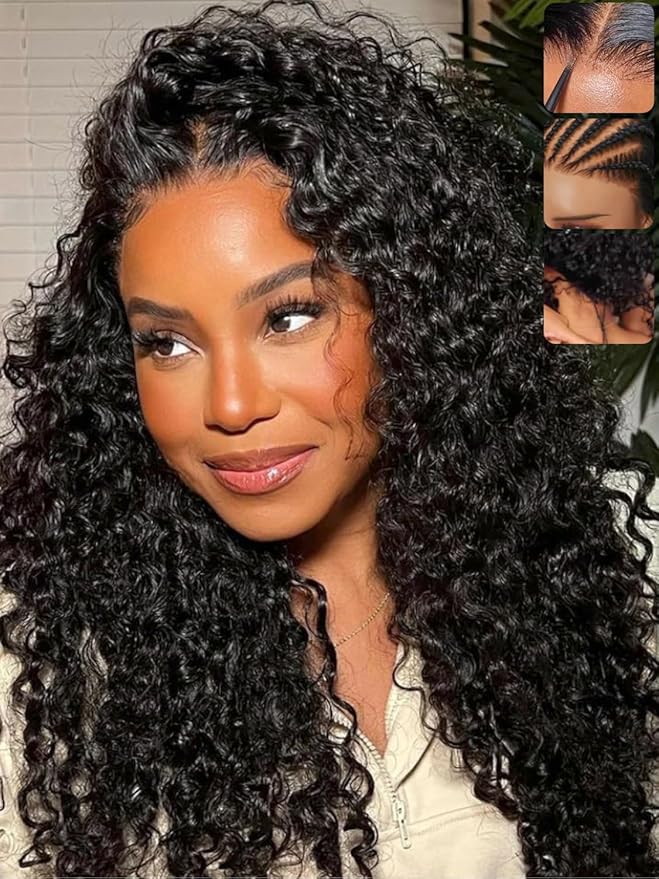 KLAIYI Water Wave Bye Bye Knots Glueless Wig Human Hair 7x5Precut Lace Front Pre Plucked Bleached Wear and Go Wig with Curly Baby Hair Drawstring 3S Ready to Go Pre Everything Beginner Friendly 28Inch