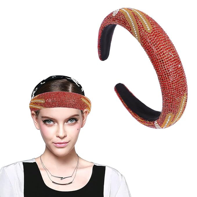 Fashion Wide Headband for Women Sparkle Red Rhinestone Headbands Dressy Glitter Headband Comfortable High Elastic Head Band Hairband Hair Hoop Hair Accessories for Women