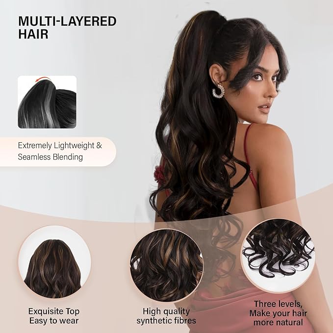24 Inch Ponytail Extension, Layered Ponytail Extensions for Women, Soft Wavy Claw Clip in Ponytail Extension, Natural Synthetic Hair Pieces for Women (Color: Dark Brown with Honey Blonde Highlights)