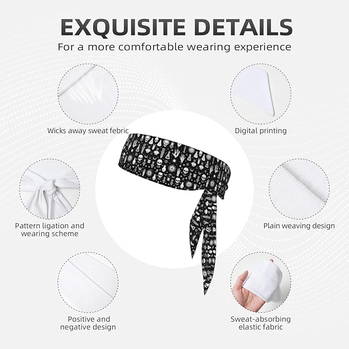 Men's Women Halloween Goth Gothic Raven Crow Skull Sun Moon Tattoos Sports Sweatband Boho Style Lovely Head Ribbon Headdress for Yoga Athletic Spa