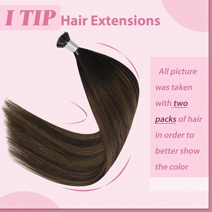 YoungSee I Tip Hair Extensions Ombre Brown I Tip Hair Extensions Human Hair Balayage Dark Brown with Brown Itip Human Hair Extension 18 Inch Ombre Pre Bonded Hair Extension Silky Straight 60s 50g