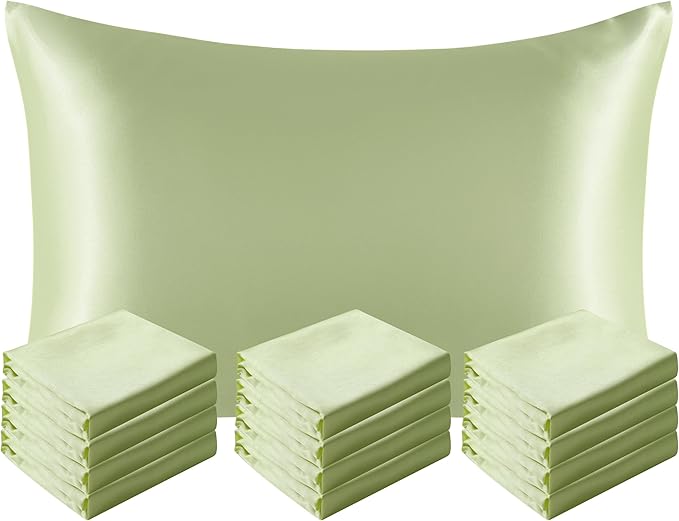 NTBAY 12 Pack Satin Queen Pillowcases for Hair and Skin, Luxurious and Silky Pillow Cases with Envelope Closure, 20 x 30 Inches, Sage Green