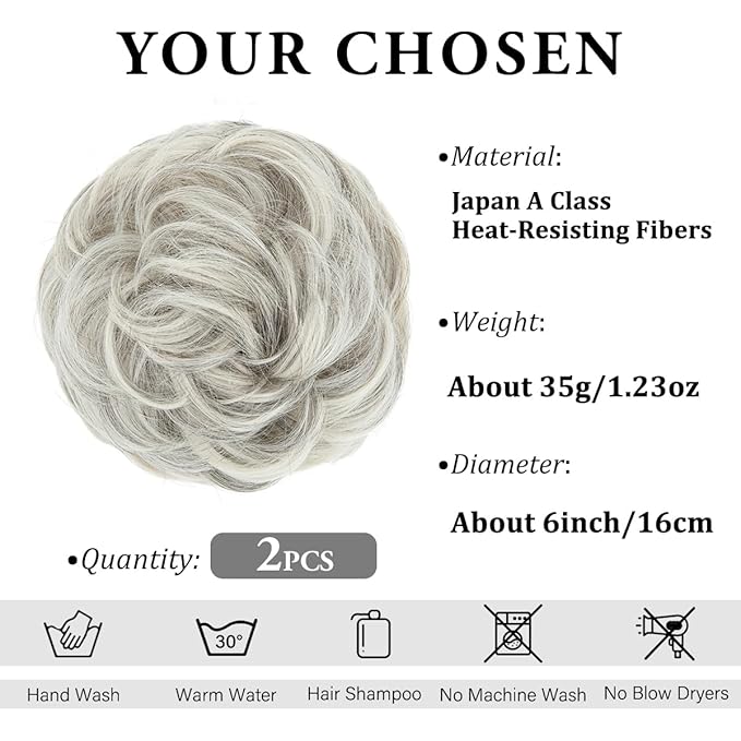 SARLA 2PCS Messy Hair Bun Hair Pieces Wavy Curly Synthetic Updo Fake Scrunchies Ponytail Extension for Women Grey Multi