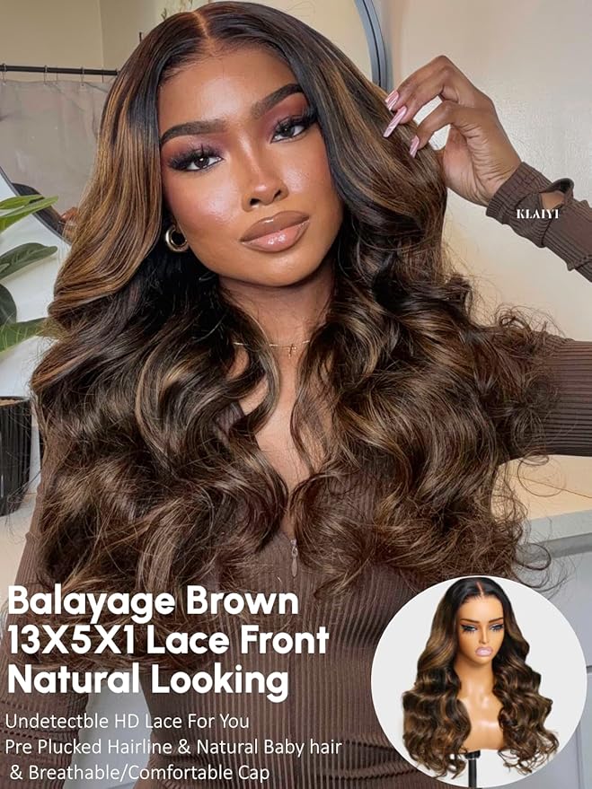 KLAIYI Ombre Brown Body Wave Lace Front Wigs Human Hair Highlight Balayage 13x4x1 T Part Ear to Ear Lace Wig Pre Plucked with Baby Hair Easy to Wear and Go Wigs for Black Women Natural Hairline 26Inch