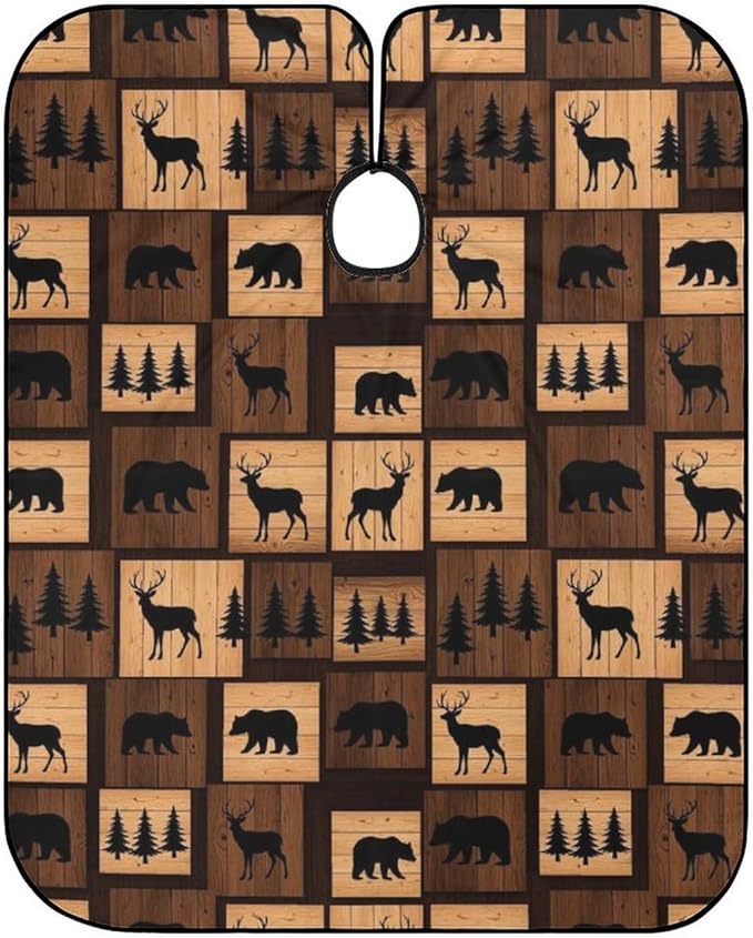 Salon Gown Cape Rustic Wood Bear Moose Pattern Haircut Gown, Full Coverage Haircut Hairdressing Cloth Apron for Hairstylists, Easy Clean