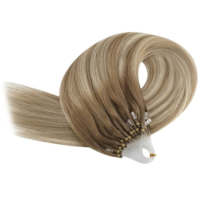 YoungSee Microlink Hair Extensions Human Hair Ombre Nicro Bead Hair Extensions Real Human Hair Brown with Blonde Balayage Micro Ring Human Hair Extensios 14In 50s 50g Pre Bonded Hair for Short Hair