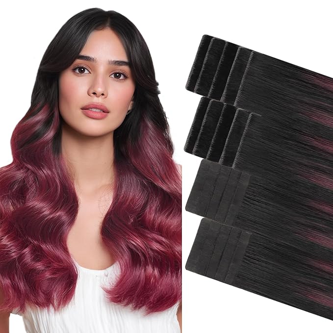 GOO GOO Invisi Edge Tape in Hair Extensions Human Hair, 1/99 Balayage Jet Black to Red 10pcs injected with 10pcs classical tape ins, 22inch 50g, Virgin Remy Hair, Natural Look