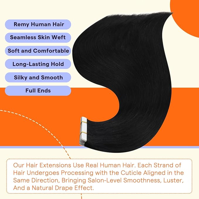 Full Shine Hair Extensions Real Human Hair Tape in 18 Inch Color 1 Jet Black Invisible Seamless Tape in Hair Extensions Human Hair 20PCS Soft and Silky Natural Remy Hair 50grams for Party