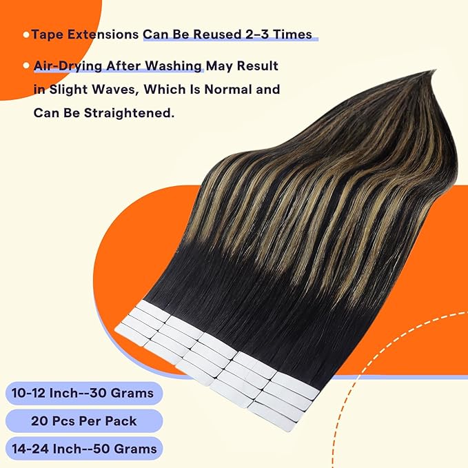 Full Shine Tape in Extensions Human Hair 16 Inch Invisible Seamless Human Hair Extensions Tape in Color 1B/27/1B Black with Blonde Ombre 20PCS Natural Straight Remy Hair 50g for Women