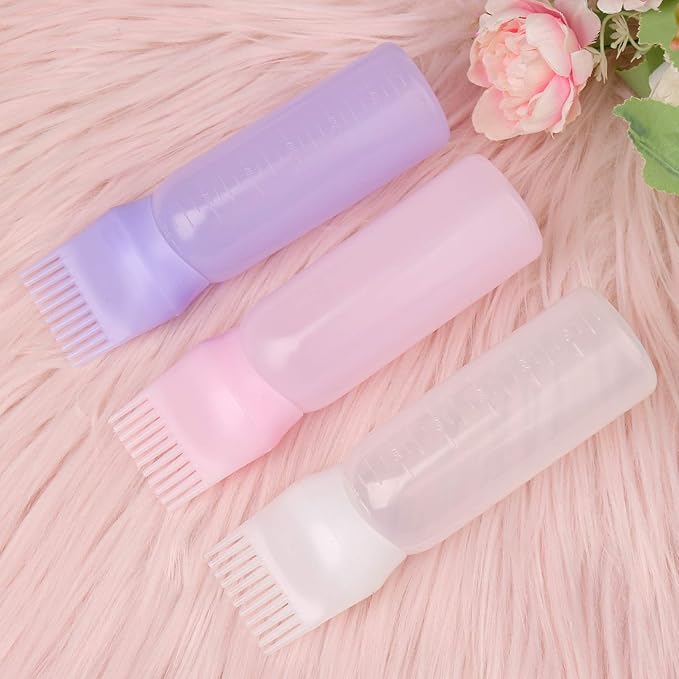Pimoys Root Comb Applicator Bottle 6 Ounce Oil Applicator for Hair Dye, 3 Pack Hair Oiling Bottle Brush with Graduated Scale (Pink, Purple, White)