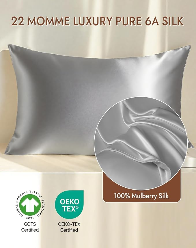 SilkSilky 100% Mulberry Silk Pillowcase - Pure 22 Momme High-Grade 6A Fibers for Hair & Skin, Envelope Closure, Natural, Organic, Breathable & Cooling Pillow Case (Standard, Silver)