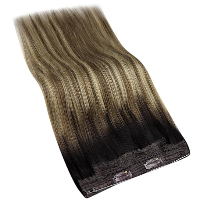 YoungSee 130G Wire Hair Extensions Real Human Hair Brown Balayage Human Hair Wire Extensions Dark Roots to Medium Brown with Blonde Headband Hair Extensions for Women 20In