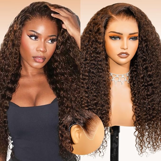Arabella 13x6 Chocolate Brown Wigs Human Hair Deep Wave Lace Front Wigs Human Hair 4# Brown Deep Curly HD Lace Frontal Wigs for Women Pre Plucked with Natural Hairline 20 Inch