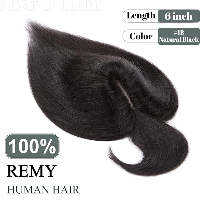 SEGO Hair Toppers for Women Real Human Hair with Thinning Hair, Toppers Hair Pieces Clip in Toppers Straight Hair Pieces with Front Bangs 150% Density Silk Base -6 Inch #1B Natural black