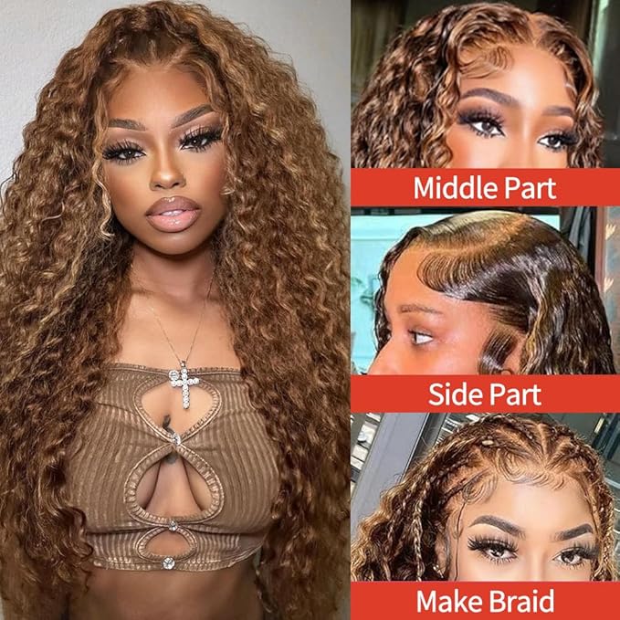 Highlight Ombre 13x6 Lace Front Wig Human Hair Deep Wave Honey Blonde Glueless HD Transparent Lace Frontal Wigs for Women 180 Density Human Hair (highlight ombre deep wave, 34 inch)