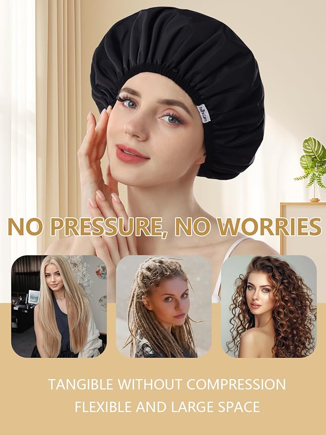 Years Calm Shower Caps For Women Reusable Waterproof，Pattern And Solid Color Dual-Layer Design For Dual-Layer Usable，Protects Hair In Shower, Spa, Cooking, Clean & Travel (Black, One Size)