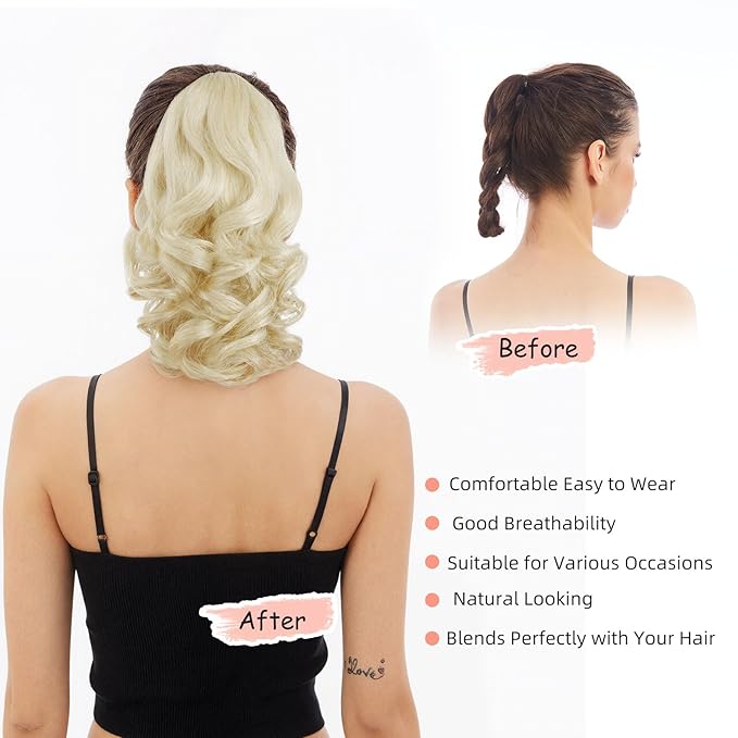 Ponytail Extension, Clip on Ponytails for Women, 12" Claw Clip in Short Curly Wavy Pony Hair Extension for Women - Bleach Blonde