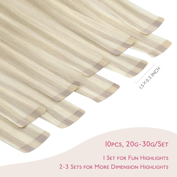 WENNALIFE Tape in Hair Extensions Human Hair Ash Blonde Highlighted Platinum Blonde Tape in Extensions, 10pcs 30g 20 inch Remy Invisible Tape Ins Straight Soft Real Human Hair Tape in Extensions