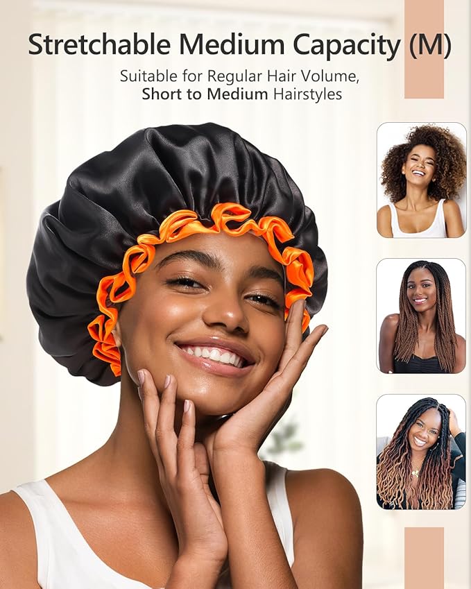 mikimini Black Shower Caps 2 Packs, Double Layers Waterproof Bathing Hair Cap with Reusable Soft Comfortable PEVA Lining, Cute, Non-fading & Stretchy Shower Hat Medium (Pack of 2) Black + Orange